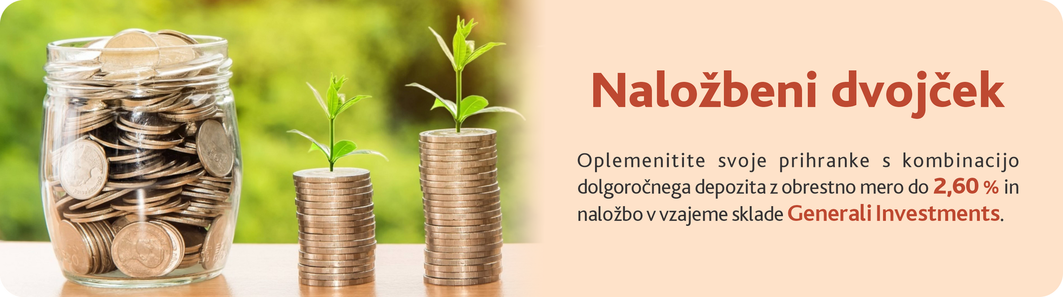 Kozarec s kovanci in dva kupčka kovancev, ki rasteta se večajo proti desni strani . Desno od slike je napis "Naložbena kombinacija"