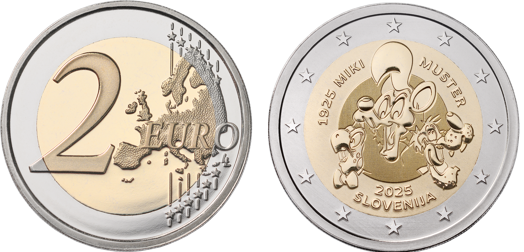 SPominski kovanec Miki Muster, prikaz obeh strani kovanca